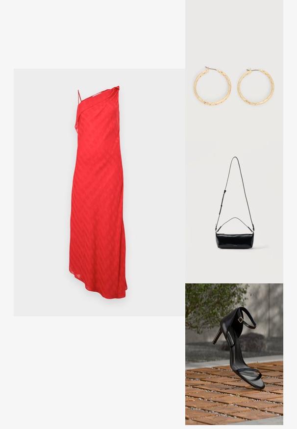 Robe rouge à une épaule, en tissu lisse avec un motif à carreaux diagonal, longueur maxi avec une silhouette fluide et des bretelles fines.; Sandale noire à talon haut avec sangle à la cheville, suspendue au-dessus d'un sol en carreaux de bois à l'extérieur, avec un arrière-plan flou de verdure et de pierre.; Sac bandoulière rectangulaire en cuir noir avec bandoulière ajustable, fermeture éclair sur le dessus et petit logo Calvin Klein doré sur le devant.; Paire de boucles d'oreilles créoles texturées en ton or avec tiges fines sur fond blanc.