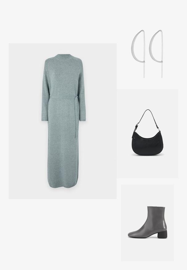 Vestido largo de punto en azul grisáceo claro con cuello redondo, mangas largas, cintura ceñida con cinturón y puños y dobladillo acanalados, que presenta una textura suave.; Botín de cuero gris con un diseño elegante, punta afilada y un tacón corto tipo bloque. Textura suave con un mínimo de marcas en el costado.; Bolso hobo negro hecho de cuero suave con una silueta curva, que cuenta con una sola correa ajustable y detalles de diseño minimalistas.; Pendientes de metal plateado con un diseño curvado minimalista, que presentan formas de lágrima abiertas y alargadas con un acabado mate.