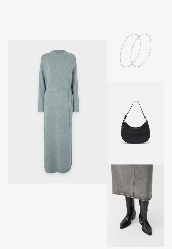 Pikk, helesinise-halliga kudum dresses, ringkäe, pikkade varrukate, vöödiga talje ning soonikuga mansettide ja äärega, millel on sile tekstuur.; Mustast nahk Cowboy saapad terava varbaga ja jämeda kontsaga, millel on sile viimistlus ja stiilne disain, on kombineeritud halli seelikuga.; Must have musta kotka, valmistatud siledast nahast, kaarekujulise siluetiga, millel on üks reguleeritav sang ja minimaliseeritud disainielemendid.; Hõbedased rõngastikkaehingad minimalistlikus disainis. Ümar kuju, sile tekstuur ja õhuke profiil. Kerged ning poleeritud viimistlusega.