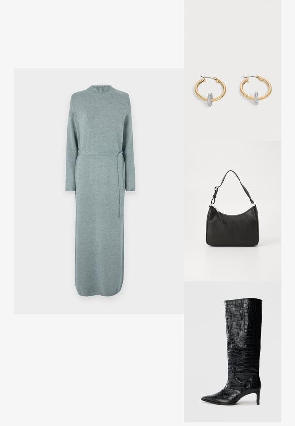 Pikk, helesinise-halliga kudum dresses, ringkäe, pikkade varrukate, vöödiga talje ning soonikuga mansettide ja äärega, millel on sile tekstuur.; Mustad põlvekõrged saapad läikiva krokodillinahajäljendiga, terava varba ja kitseneva kontsaga. Sile sünteetiline materjal.; Must musta käekott, millel on kumer kuju, üks rihm, lukuga sulgemine ja peen brändimine esiküljel. Sile tekstuur, minimalistlik disain.; Kuldse tooniga rõngakujulised kõrvarõngad, kummalgi väike hõbedase tooniga aasa detail, esitletud heleda halli tausta ees.