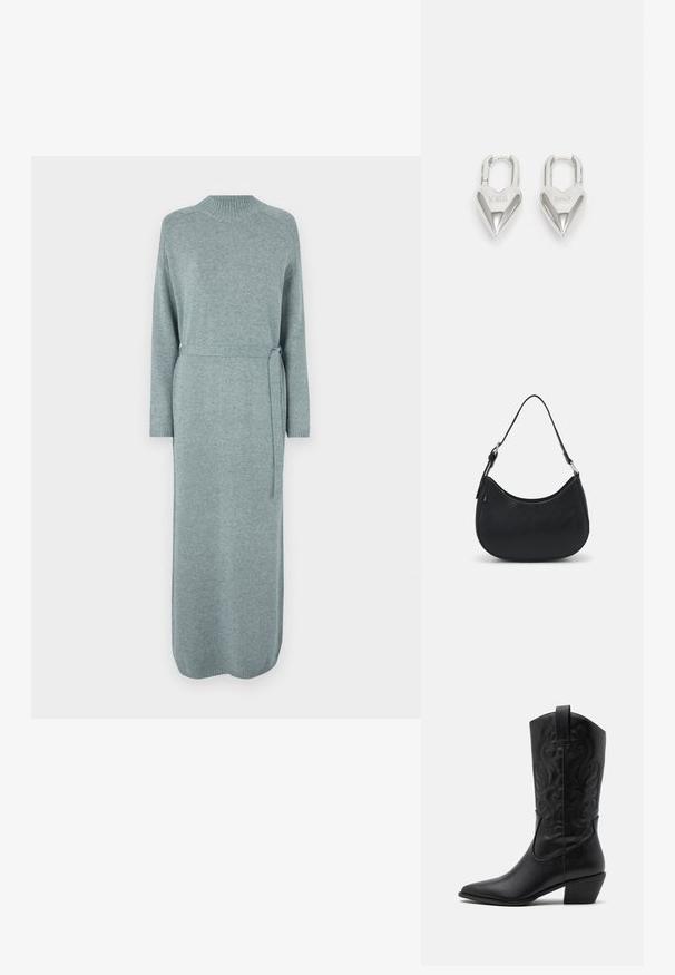 Robe en tricot bleu gris clair, longue, avec un col rond, des manches longues, une taille ceinturée, et des poignets et un ourlet côtelés, présentant une texture lisse.; Bottes de cowboy en cuir noir avec un bout pointu, des motifs en relief en spirale et un talon de hauteur moyenne. Équipées d'une languette pour un enfilage facile.; Sac hobo noir en cuir lisse avec une silhouette arrondie, doté d'une seule sangle ajustable et de détails de design minimalistes.; Cadenas en forme de cœur en argent avec les inscriptions gravées "OUI" et "NON", finition polie, design symétrique et un robuste fermoir en métal.