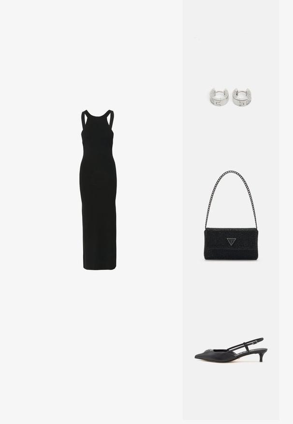 Gestuz GZSARIELLE - Vestido largo - black; Zapatos slingback negros con punta afilada, hechos de material suave, con un pequeño tacón y un acento decorativo plateado en el empeine.; Bolso de mano negro con perlas, con una superficie texturizada, que presenta una correa de cadena y una placa de logotipo triangular en la parte frontal. Forma rectangular compacta.; Guess STYLISH - Pendientes - silver-coloured
