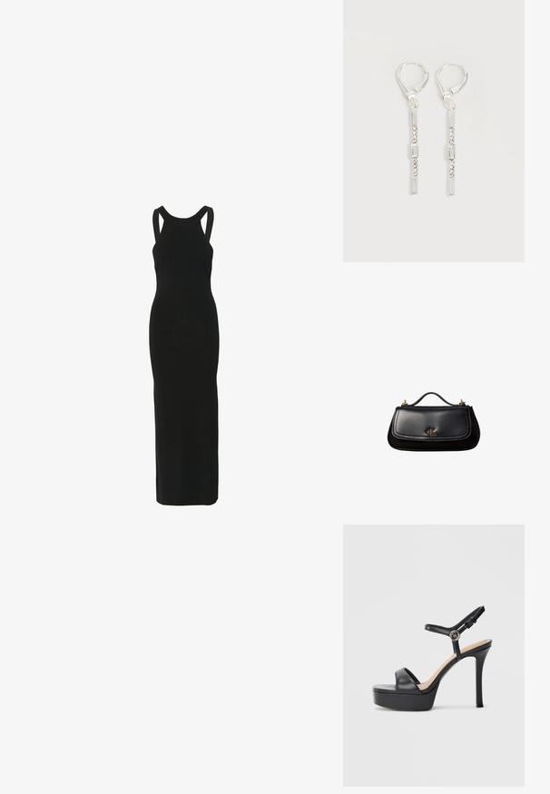 Gestuz GZSARIELLE - Maxi-jurk - black; Zwarte platformsandalen met een hoge naaldhak, voorzien van een glad leren bovenkant, een peep-toe ontwerp en een verstelbare enkelriem met beslag.; Zwarte leren handtas met een klein handvat, goudkleurig "cK"-logo op de voorflap en gouden hardware-accenten.; Zilveren hangende oorbellen met rechthoekige en ronde heldere kristallen in een verticale lijn, bevestigd met leverback-sluitingen.