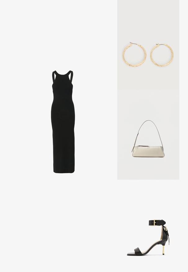 Gestuz GZSARIELLE - Vestido largo - black; Sándal de tacón de cuero negro con punta cuadrada, correa en el tobillo con hebilla dorada y un tacón metálico esbelto. Textura suave, diseño minimalista.; Pequeño bolso de hombro de cuero beige con una correa fina y cierre de cremallera, con un logo metálico discreto en el centro del frente.; Par de pendientes de aro con textura en tono dorado y postes delgados sobre un fondo blanco.
