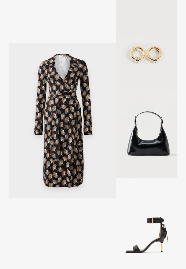 Zwarte wikkeldress met lange mouwen en een bruin-beige waaierbladpatroon, kraaghalslijn en tailleceintuur.; Zwarte leren sandalen met hak en vierkante neus, enkelband met een gouden gesp en een slanke metalen hak. Soepele textuur, minimalistisch ontwerp.; Zwarte glanzende Calvin Klein handtas met gouden rits en korte band tegen een effen witte achtergrond.; Gouden ronde oorbellen met aan elke oorbel twee kleine zilveren ringetjes, met subtiele gegraveerde merknamen, geplaatst op een witte achtergrond.