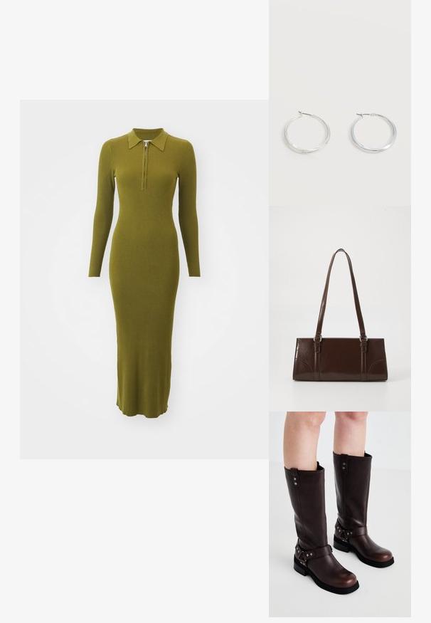Langes, geripptes Kleid in olivgrün mit Kragen und halbem Reißverschluss. Figurbetonte Silhouette mit langen Ärmeln, die bis zur Mitte der Wade reicht.; Braune Leder-Stiefel bis zum Knie mit einer glatten Textur, ausgestattet mit einem breiten Riemen und dreieckigen Hardware-Akzenten, flachen Gummisohlen.; Braune Lackleder-Handtasche in rechteckiger Form, mit zwei langen Griffen und subtilen, geschwungenen Akzenten auf der Vorderseite.; Silberne Metallcreolen mit glatter, leicht gebogener Oberfläche und Klappverschluss vor schlicht weißem Hintergrund.