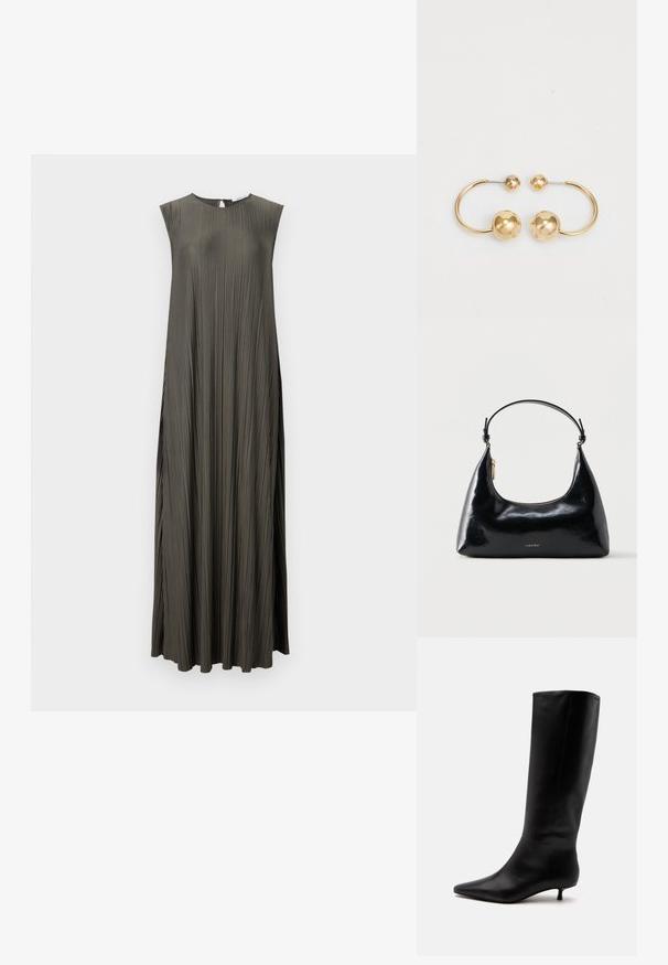 Vestido largo sin mangas en un verde oliva oscuro con un diseño plisado, escote redondo y detalle de ojal en la parte posterior. Textura suave.; Bota alta de cuero negro hasta la rodilla con puntera puntiaguda y tacón bajo tipo kitten sobre un fondo claro y liso.; Bolso negro brillante de Calvin Klein con cremallera dorada y correa corta sobre un fondo blanco liso.; Pendientes de metal en tono dorado con un diseño circular que presenta dos esferas, una más grande y texturizada, y una bola pulida más pequeña en la parte superior.