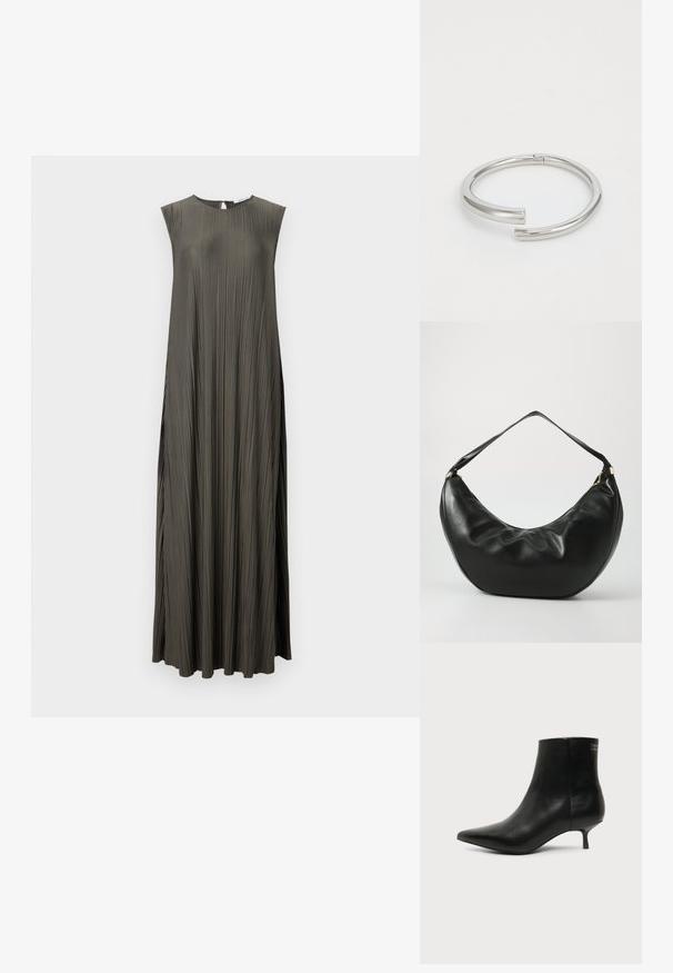 Vestido largo sin mangas en un verde oliva oscuro con un diseño plisado, escote redondo y detalle de ojal en la parte posterior. Textura suave.; Botín de piel negra con puntera puntiaguda y tacón bajo estilo kitten sobre fondo claro, mostrando vista lateral exterior.; Bolso de hombro de cuero negro con una forma curva, textura suave y una sola correa; cuenta con un zipper dorado y un branding sutil.; Calvin Klein SPIRAL - Pulsera - silver-coloured