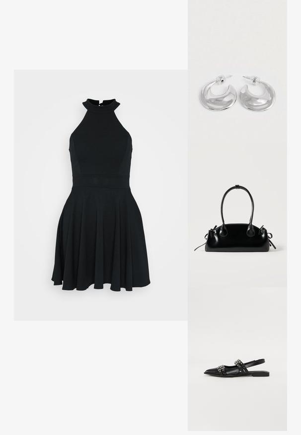 Schwarzes ärmelloses Kleid mit hohem Kragen, tailliertem Oberteil und ausgestellt Rock. Hergestellt aus einem glatten, elastischen Stoff mit einem klaren Design.; Even&Odd Sling-Ballerina - black; Kleine schwarze glänzende Handtasche mit zwei langen Griffen und seitlichen Kordelzug-Details vor einfachem hellem Hintergrund.; Ein Paar polierte silberne, halbmondförmige Creolen mit klaren Kunststoffrückseiten auf einer weißen Oberfläche.