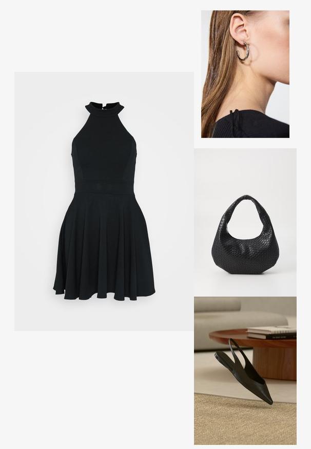 Schwarzes ärmelloses Kleid mit hohem Kragen, tailliertem Oberteil und ausgestellt Rock. Hergestellt aus einem glatten, elastischen Stoff mit einem klaren Design.; Schwarzer Slingback-Flachschuh mit spitzer Spitze neben rundem Holztisch mit gestapelten Büchern auf beigem Teppich in modernem Wohnzimmer.; Schwarze gewebte Handtasche mit einem gebogenen Griff, die eine strukturierte Oberfläche und eine lässige Form hat. Glatte Oberfläche mit einer organischen Silhouette.; Silberne Creolen mit polierter Oberfläche, die kleine goldene Akzentdetails und eine runde Form aufweisen, am Ohrläppchen getragen.
