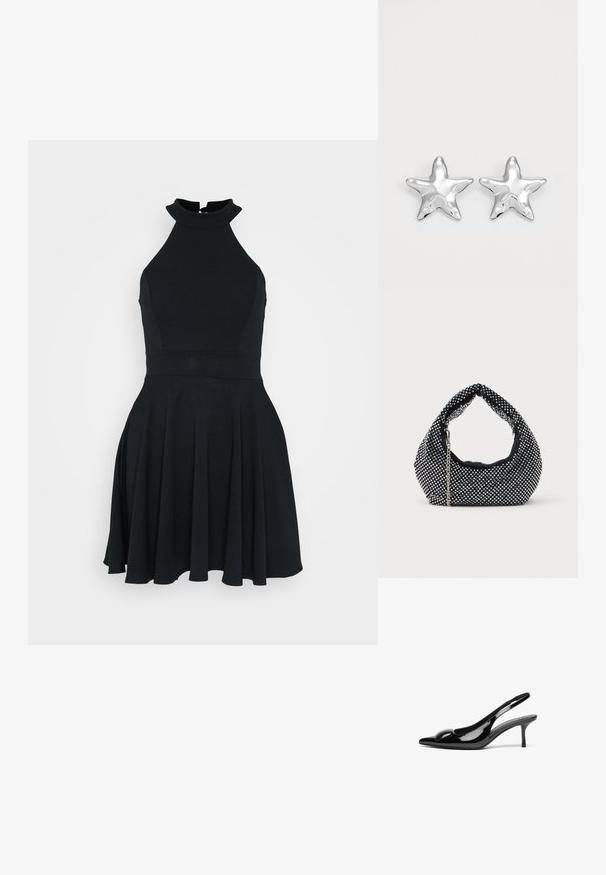 Schwarzes ärmelloses Kleid mit hohem Kragen, tailliertem Oberteil und ausgestellt Rock. Hergestellt aus einem glatten, elastischen Stoff mit einem klaren Design.; Schwarze patentierte Slingback-Absätze mit spitzem Zehenbereich und glänzender Oberfläche. Besitzt einen schlanken Absatz und eine abgerundete Akzentuierung am Schuhoberteil.; Schwarze Netz-Handtasche verziert mit silbernen Nieten, mit einem gebogenen Griff und einem Kettenriemen. Weiche Textur mit runder Form.; Silberne sternförmige Ohrringe mit einer polierten, glänzenden Oberfläche. Jeder Ohrring hat fünf Spitzen und dezente Oberflächentexturdetails.