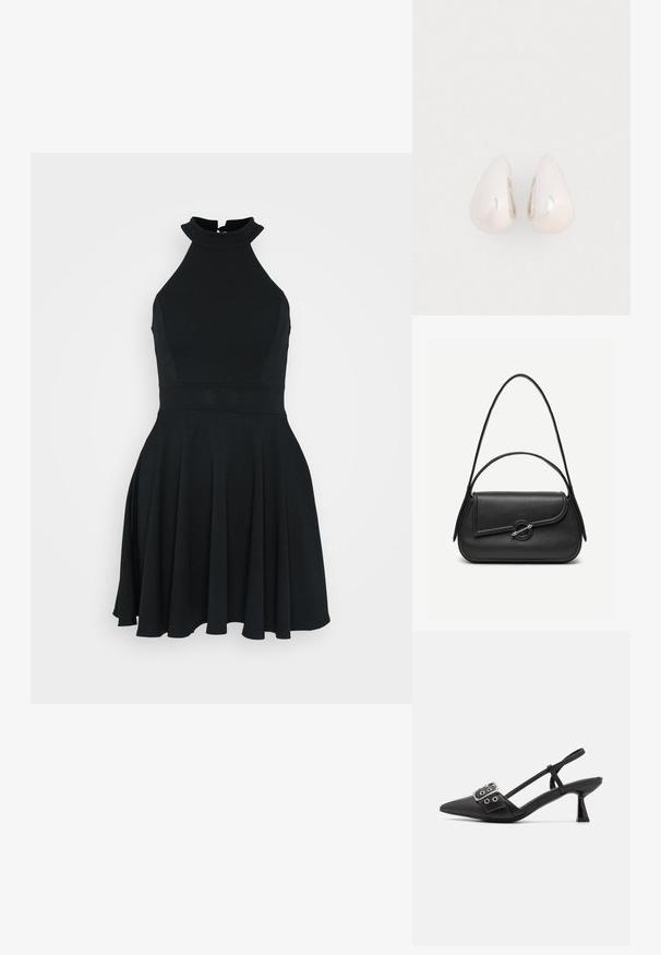 Sort, ærmeløs kjole med høj halsudskæring, tætsiddende liv og udvidet skørt. Fremstillet af et glat, strækbart stof med et enkelt design.; Simmi London DALA - Pumps - black; Sort læderhåndtaske med afrundede kanter, asymmetrisk klap, metalcirkulært spænde samt både korte og lange skulderstropper.; Sølvmetal dråbeøreringe med en glat, reflekterende overflade og tåreform, der har et sammenhængende design uden synlige udsmykninger.