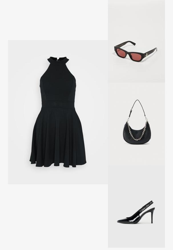 Schwarzes ärmelloses Kleid mit hohem Kragen, tailliertem Oberteil und ausgestellt Rock. Hergestellt aus einem glatten, elastischen Stoff mit einem klaren Design.; Schwarze Lackleder-Slingback-Pumps mit spitzem Design, das einen ausgeschnittenen Bereich und einen elastischen Riemen mit eingeprägtem Markennamen aufweist.; Schwarze Sonnenbrille mit eckigen Rahmen und roten Gläsern. Sie verfügt über einen silbernen Logo-Akzent an den Schläfen und hat eine glatte, glänzende Oberfläche.; Schwarze, halbmondförmige Handtasche mit geprägtem Logomuster, ausgestattet mit einer silbernen Kette und einem verstellbaren Lederschulterriemen.