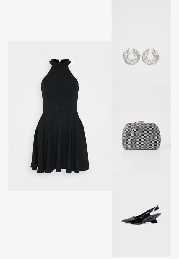 Vestido negro sin mangas con un escote alto, cuerpo ajustado y falda acampanada. Hecho de una tela suave y elástica con un diseño limpio.; Zapato slingback de cuero charol negro con puntera puntiaguda y tacón bajo en bloque inclinado sobre fondo claro liso.; Bolso de mano texturizado en blanco y negro con forma redondeada, correa de cadena plateada y un cierre de metal en la parte superior.; Aros de plata en forma de aro adornados con múltiples embellishments de cristal transparente, con una superficie texturizada y un diseño circular abierto.