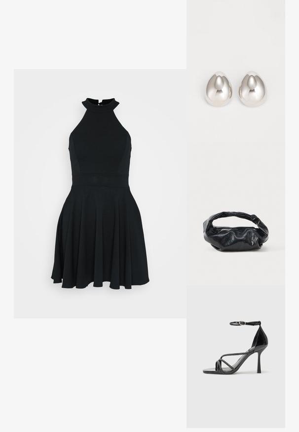 Robe noire sans manches avec un col montant, un corsage ajusté et une jupe évasée. Réalisée dans un tissu lisse et extensible avec un design épuré.; Sandale à talons hauts en cuir verni noir avec une sangle autour de la cheville, présentant des brides croisées et un élégant bout pointu.; Sac noir en matériau texturé et brillant avec une poignée circulaire torsadée et une fermeture éclair. Présente un design doux et froissé.; Boucles d'oreilles en métal argenté avec un design lisse et arrondi ressemblant à la forme d'une goutte d'eau, présentant une surface réfléchissante et une finition sans couture.