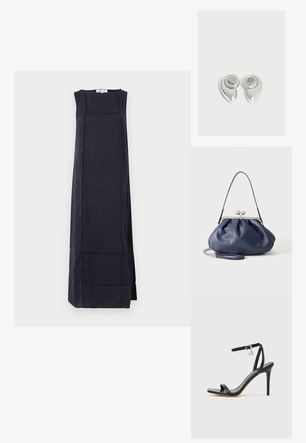 Robe sans manches bleu marine à silhouette droite, en tissu texturé avec des motifs subtils et une longueur au genou.; Sandale à talon haut noire avec une bride étroite à la cheville, bout carré, cuir lisse et accent de boucle métallique.; Sac à main en cuir bleu marine doux avec fermeture à boucle argentée, une seule bandoulière, et une chaîne de poignet amovible sur fond blanc.; Paire de boucles d’oreilles métalliques argentées brillantes avec un design en spirale et une pierre circulaire au centre sur un fond blanc uni.