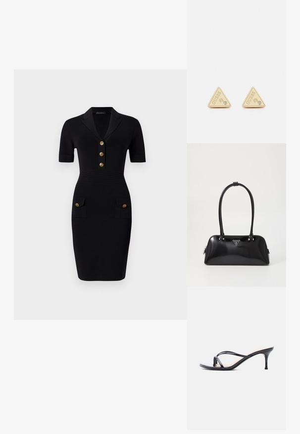 Vestido negro ajustado con mangas cortas, cuello con solapa, cinco botones dorados y dos bolsillos frontales con botones a juego. Textura de tela suave.; Sandalia de tacón de charol negro con tiras finas cruzadas y un tacón de aguja delgado de altura media, sobre un fondo blanco.; Bolso de mano negro brillante con una silueta curva, dos asas y una placa de logo en la parte frontal. Cierre de cremallera y acentos de hardware brillante.; Guess PARTY - Pendientes - gold-coloured