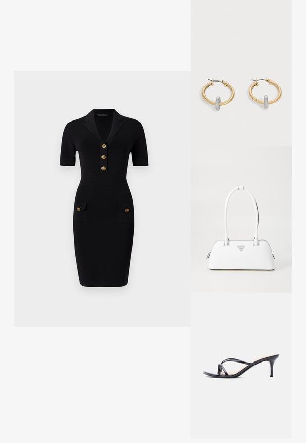 Robe noire ajustée avec des manches courtes, un col avec un collier, cinq boutons dorés et deux poches avant avec des boutons assortis. Texture du tissu lisse.; Sandale à talon en cuir verni noir avec fines lanières croisées et talon aiguille moyen et élancé sur fond blanc.; Sac à main en cuir blanc avec une forme courbée, présentant un logo triangulaire argenté et une fermeture à glissière. Texture lisse et doubles poignées.; Paire de boucles d'oreilles créoles dorées avec un petit détail boucle ton argent sur chaque, exposées sur fond gris clair.