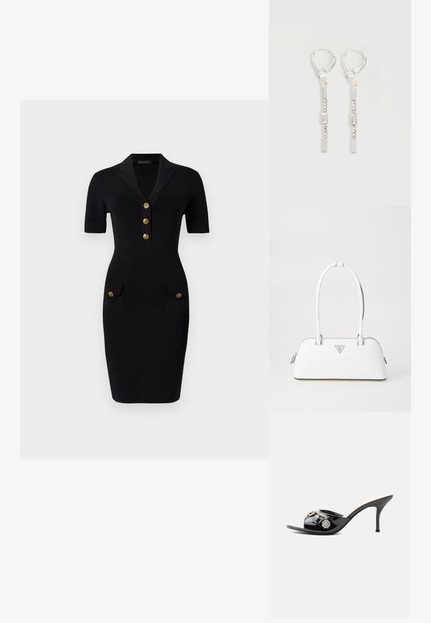 Schwarzes Enges Kleid mit kurzen Ärmeln, Kragen und fünf goldenen Knöpfen sowie zwei Vordertaschen mit passenden Knöpfen. Glatte Stofftextur.; Schwarzer Lackleder High-Heel Mule mit offenem Zehenbereich und dekorativen silbernen Anhängern, darunter eine Blume und ein Vorhängeschloss am vorderen Riemen.; Weiße Lederhandtasche mit geschwungener Form, versehen mit einem silbernen dreieckigen Logo und einem Reißverschluss. Glatte Textur und zwei Griffe.; Silberne hängende Ohrringe mit rechteckigen und runden klaren Kristallen in einer vertikalen Linie, gesichert durch Leverback-Verschlüsse.