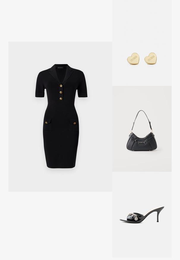 Schwarzes Enges Kleid mit kurzen Ärmeln, Kragen und fünf goldenen Knöpfen sowie zwei Vordertaschen mit passenden Knöpfen. Glatte Stofftextur.; Schwarzer Lackleder High-Heel Mule mit offenem Zehenbereich und dekorativen silbernen Anhängern, darunter eine Blume und ein Vorhängeschloss am vorderen Riemen.; Schwarze Leder-Schultertasche mit goldfarbenen Beschlägen und Guess-Logo, mit einem einzelnen Trageriemen und Reißverschluss oben.; Goldene herzförmige Ohrringe mit polierter Oberfläche, geprägt mit dem "GUESS"-Logo und glatter Textur. Einfaches Design, geeignet für verschiedene Anlässe.