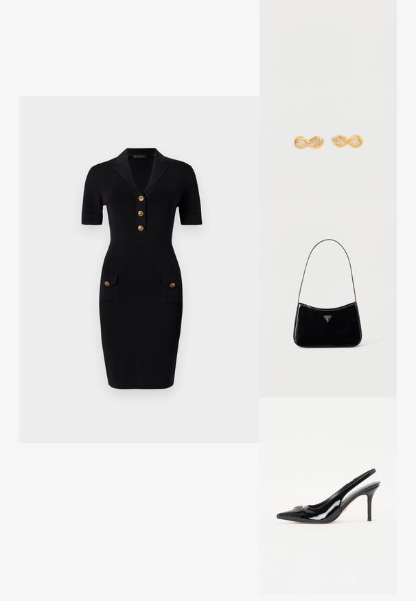 Vestido negro ajustado con mangas cortas, cuello con solapa, cinco botones dorados y dos bolsillos frontales con botones a juego. Textura de tela suave.; Zapatos de tacón slingback de charol negro con punta afilada, tacón de stiletto delgado y adornos decorativos en la parte delantera.; Bolso de hombro de charol negro con correa delgada, logotipo triangular de Guess en el frente y cierre superior con cremallera.; Pendientes dorados con forma de infinito y tres pequeños cristales transparentes en cada extremo, con una textura metálica suave y un acabado pulido.