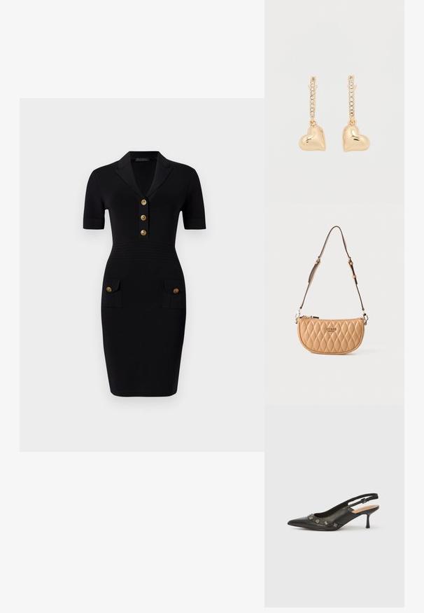 Zwart, getailleerd jurkje met korte mouwen, kraag en vijf gouden knopen, en twee voorzakken met bijpassende knopen. Glad stofoppervlak.; Zwarte leren slingback pump met puntige neus, lage hak en decoratieve metalen accenten langs de vooropening. Gladde textuur.; Bruine gestikte handtas met een gebogen vorm, voorzien van een gouden logo, een verstelbare schouderriem en een ritssluiting. Gemaakt van glad leer met een glanzende afwerking.; Gouden oorbellen met hartvormige hangers, geaccentueerd door een rij van kleine strass-steentjes op de ring. Reflecterend, glad oppervlak.