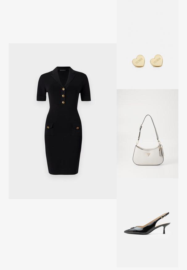 Must mustriga kleit lühikeste varrukatega, krae kaelus, viis kuldset nööpi ja kaks esist pocketit sobivate nööpidega. Sile kangastekstuuri.; Mustast lakknahast slingback-kontsaga king, terava ninaga, väikese kitten-kontsa ja hõbedase pandlaga rihmaga, ühevärvilise valge taustaga.; Valge tekstuuriga käekott, millel on kõver kuju, kuldne tarnimine, eemaldatav rihm ja logo aktsent. Sisaldab võtmehoidjat brändinguga.; Kullast südamekujuline kõrvarõngas, millel on poleeritud viimistlus, reljeefne "GUESS" logo ja sile tekstuur. Lihtne disain, sobib erinevateks juhtudeks.
