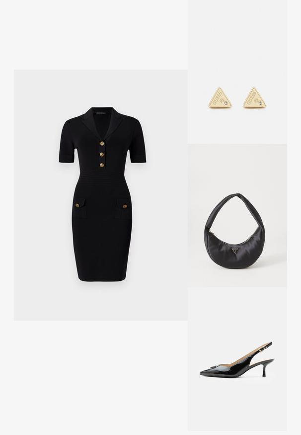 Schwarzes Enges Kleid mit kurzen Ärmeln, Kragen und fünf goldenen Knöpfen sowie zwei Vordertaschen mit passenden Knöpfen. Glatte Stofftextur.; Schwarzer Pumps mit Riemchen aus Lackleder, spitz zulaufender Zehenpartie, kleinem Kitten-Heel und silberner Schnalle auf weißem Hintergrund.; Schwarze Satin-Handtasche mit geschwungener Form, ausgestattet mit einem Reißverschluss und einem dreieckigen Metallsymbol auf der Vorderseite. Glatte Textur und elegantes Design.; Guess PARTY - Ohrringe - gold-coloured
