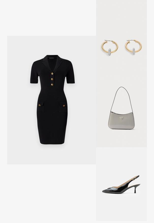 Schwarzes Enges Kleid mit kurzen Ärmeln, Kragen und fünf goldenen Knöpfen sowie zwei Vordertaschen mit passenden Knöpfen. Glatte Stofftextur.; Schwarzer Pumps mit Riemchen aus Lackleder, spitz zulaufender Zehenpartie, kleinem Kitten-Heel und silberner Schnalle auf weißem Hintergrund.; Graue Schultertasche aus Lackleder mit geschwungenem Design, schwarzem Besatz und silberner Logoplakette vorne. Verstellbarer Riemen für vielseitiges Tragen.; Paar goldfarbene Creolen mit kleinem silberfarbenem Schlaufen-Detail an jeder, vor hellem grauem Hintergrund präsentiert.