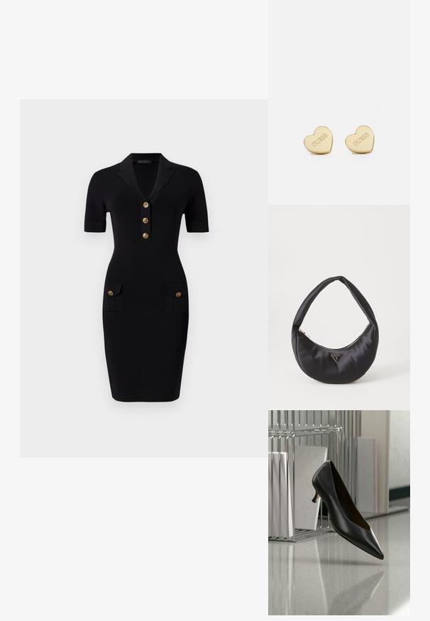 Schwarzes Enges Kleid mit kurzen Ärmeln, Kragen und fünf goldenen Knöpfen sowie zwei Vordertaschen mit passenden Knöpfen. Glatte Stofftextur.; Schwarzer Leder-Kitten-Heel-Schuh mit spitz zulaufender Spitze, der über einem grau gesprenkelten Boden schwebt, neben einem Metall-Ordnerhalter mit Ordnern.; Schwarze Satin-Handtasche mit geschwungener Form, ausgestattet mit einem Reißverschluss und einem dreieckigen Metallsymbol auf der Vorderseite. Glatte Textur und elegantes Design.; Goldene herzförmige Ohrringe mit polierter Oberfläche, geprägt mit dem "GUESS"-Logo und glatter Textur. Einfaches Design, geeignet für verschiedene Anlässe.