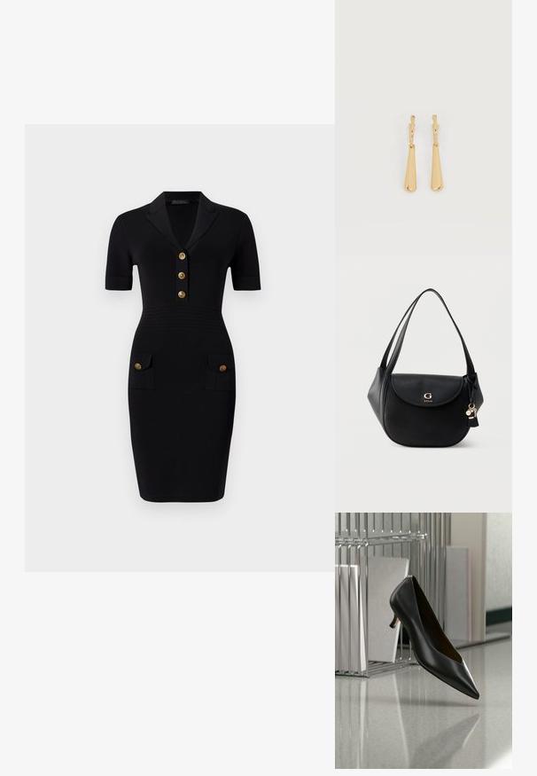 Schwarzes Enges Kleid mit kurzen Ärmeln, Kragen und fünf goldenen Knöpfen sowie zwei Vordertaschen mit passenden Knöpfen. Glatte Stofftextur.; Schwarzer Leder-Kitten-Heel-Schuh mit spitz zulaufender Spitze, der über einem grau gesprenkelten Boden schwebt, neben einem Metall-Ordnerhalter mit Ordnern.; Schwarze Leder-Umhängetasche mit geschwungener Klappe, goldenem "G GUESS"-Logo, doppelten Trägern und hängenden Schlüsselanhänger-Charm vor einfarbigem Hintergrund.; Ohrhänger in Gold-Ton mit glatten, länglichen Tropfenanhängern, die an kleinen Creolenverschlüssen hängen, auf weißem Hintergrund.