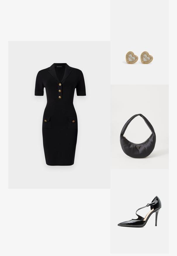 Schwarzes Enges Kleid mit kurzen Ärmeln, Kragen und fünf goldenen Knöpfen sowie zwei Vordertaschen mit passenden Knöpfen. Glatte Stofftextur.; Schwarzer, hochhackiger Schuh aus Lackleder mit spitzer Kappe und dünnem Knöchelriemen, der mit einer kleinen Schnalle befestigt ist.; Schwarze Satin-Handtasche mit geschwungener Form, ausgestattet mit einem Reißverschluss und einem dreieckigen Metallsymbol auf der Vorderseite. Glatte Textur und elegantes Design.; Herzförmige Ohrringe in goldfarbenem Design mit einem weißen Zentrum, das die Gravur "GUESS" trägt, umgeben von funkelnden klaren Kristallen.