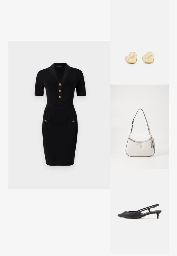 Robe noire ajustée avec des manches courtes, un col avec un collier, cinq boutons dorés et deux poches avant avec des boutons assortis. Texture du tissu lisse.; Chaussures noires à talon slingback avec un bout pointu, en matériau lisse, dotées d'un petit talon et d'un accent décoratif en argent sur le dessus.; Sac à main texturé blanc avec une forme incurvée, des finitions dorées, une bandoulière amovible et un accent de logo. Comprend une étiquette porte-clés avec la marque.; Boucles d'oreilles en forme de cœur en or avec une finition polie, logo "GUESS" en relief et texture lisse. Design simple, adapté à diverses occasions.
