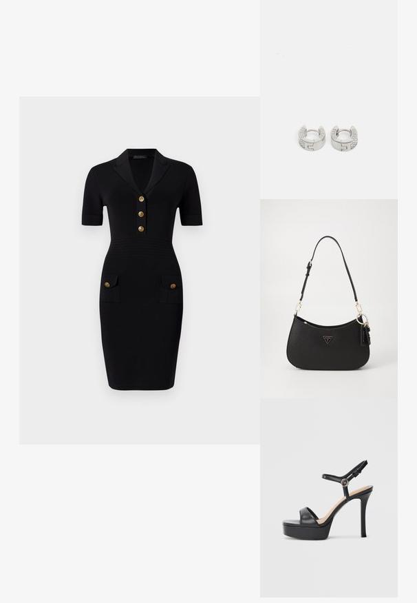 Schwarzes Enges Kleid mit kurzen Ärmeln, Kragen und fünf goldenen Knöpfen sowie zwei Vordertaschen mit passenden Knöpfen. Glatte Stofftextur.; Schwarze Plateausandalen mit hohem Stiletto-Absatz, ausgestattet mit einem glatten Lederobermaterial, einem Peeptoe-Design und einem verstellbaren Knöchelriemen mit Metallbeschlägen.; Schwarze synthetische Handtasche mit geschwungener Form, goldfarbenen Metalldetails und einem dreieckigen Logo. Verfügt über einen Reißverschluss und einen verstellbaren Trageriemen.; Guess STYLISH - Ohrringe - silver-coloured