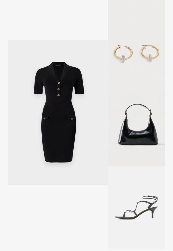 Robe noire ajustée avec des manches courtes, un col avec un collier, cinq boutons dorés et deux poches avant avec des boutons assortis. Texture du tissu lisse.; Sandale noire à fines lanières et talon moyen, ornée de perles dorées et d'une bride de cheville avec boucle sur fond blanc.; Sac à main Calvin Klein noir brillant avec fermeture éclair dorée et anse courte sur fond blanc uni.; Paire de boucles d'oreilles créoles dorées avec un petit détail boucle ton argent sur chaque, exposées sur fond gris clair.
