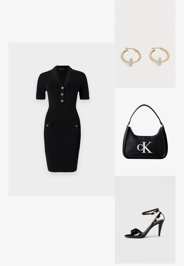 Vestido negro ajustado con mangas cortas, cuello con solapa, cinco botones dorados y dos bolsillos frontales con botones a juego. Textura de tela suave.; Sандalia de tacón alto de charol negro con dobles correas en el tobillo y hebillas doradas, punta abierta y tacón delgado y afilado sobre un fondo neutro.; Bolso de hombro de cuero negro con cremallera plateada y logo "cK" blanco centrado en el frente.; Par de pendientes de aro en tono dorado con pequeño detalle de aro en tono plateado en cada uno, expuestos sobre un fondo gris claro.