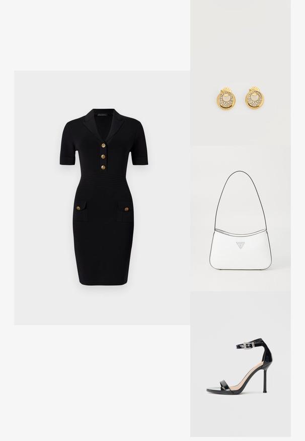 Vestido negro ajustado con mangas cortas, cuello con solapa, cinco botones dorados y dos bolsillos frontales con botones a juego. Textura de tela suave.; Sandalia de tacón alto en piel sintética negra con correa en el tobillo. Presenta un diseño minimalista, punta abierta y una hebilla con detalles de pedrería.; Bolso de mano blanco con un diseño elegante y curvado, que cuenta con una delgada correa negra y un acento de logotipo triangular plateado. Textura suave y un detalle mínimo.; Pendientes de botón circulares en tono dorado con acentos de pedrería en forma de media luna y la inscripción "GUESS" grabada en la parte superior, con respaldo de acero inoxidable.