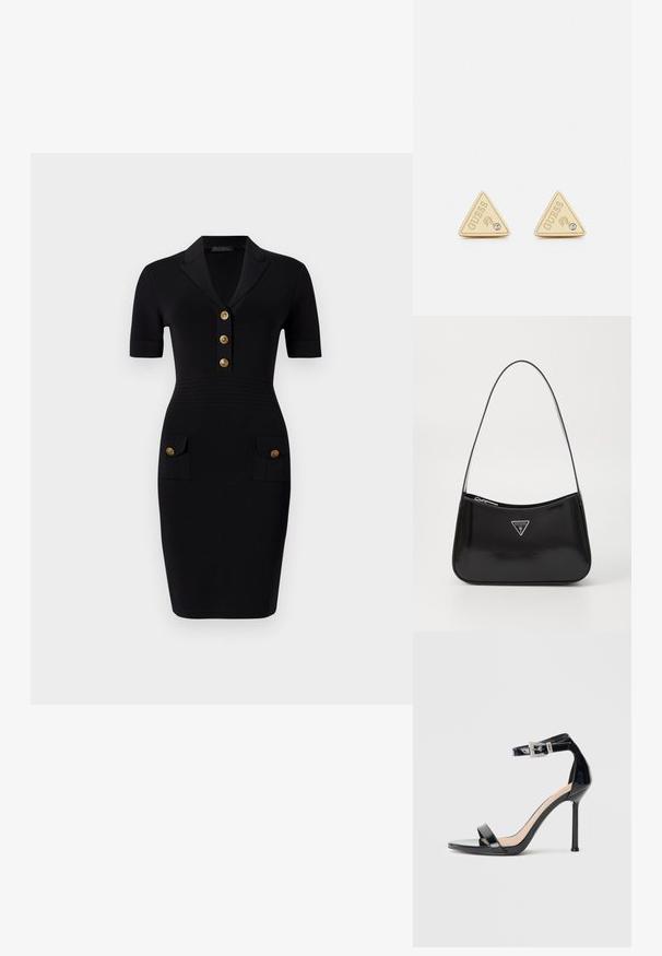 Vestido negro ajustado con mangas cortas, cuello con solapa, cinco botones dorados y dos bolsillos frontales con botones a juego. Textura de tela suave.; Sandalia de tacón alto en piel sintética negra con correa en el tobillo. Presenta un diseño minimalista, punta abierta y una hebilla con detalles de pedrería.; Bolso de hombro de charol negro con forma curva, que presenta un logotipo triangular plateado y un cierre de cremallera. Textura suave y correa delgada.; Guess PARTY - Pendientes - gold-coloured