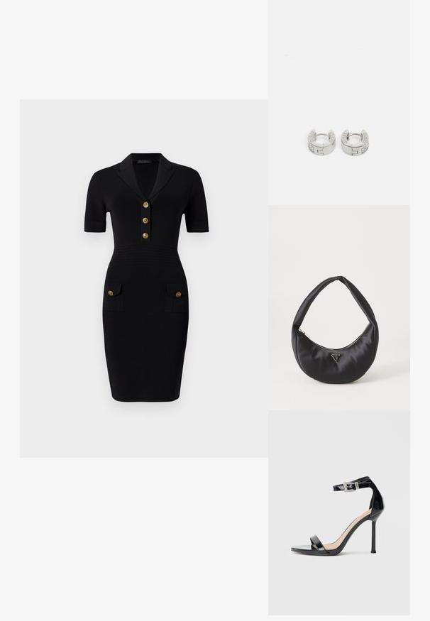 Schwarzes Enges Kleid mit kurzen Ärmeln, Kragen und fünf goldenen Knöpfen sowie zwei Vordertaschen mit passenden Knöpfen. Glatte Stofftextur.; Schwarzer Riemchensandale aus Lackleder mit hohem Absatz und Knöchelriemen. Verfügt über ein minimalistisches Design, offene Zehenpartie und eine Schnalle mit Strassakzenten.; Schwarze Satin-Handtasche mit geschwungener Form, ausgestattet mit einem Reißverschluss und einem dreieckigen Metallsymbol auf der Vorderseite. Glatte Textur und elegantes Design.; Guess STYLISH - Ohrringe - silver-coloured