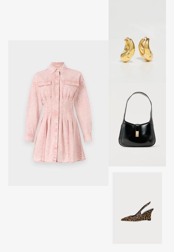 Robe chemise en denim rose avec manches longues, col, fermeture à boutons, deux poches poitrine et détail de jupe plissée pour une silhouette ajustée.; Chaussure à talon compensé motif léopard, bout pointu, doublure intérieure noire et bride de cheville réglable, présentée sur fond blanc uni.; Sac à main en cuir noir brillant avec une seule bandoulière et une fermeture rectangulaire centrale dorée, sur un fond clair uni.; Boucles d'oreilles en or en forme de d'anneaux lisses et courbés avec une finition polie. Équipées d'un mécanisme de fermeture et de légères indentations pour le détail.