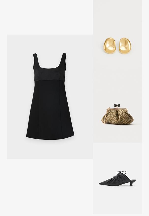Vestido negro con escote cuadrado, que presenta un corsé ajustado y una silueta en A. Hecho de una tela suave, con un diseño elegante y minimalista.; Mules negros de cuero sin hebillas con punta afilada, textura recogida y un pequeño tacón de gato. Presentan un detalle de cordón en la abertura.; Pequeño bolso de mano con patrón geométrico en dorado y negro, marco metálico dorado, cierre de bola negro y una corta correa de cadena dorada.; Pendientes de studs en color dorado con una forma suave y redondeada y una superficie reflectante, que exhiben un diseño minimalista y sin patrones visibles.