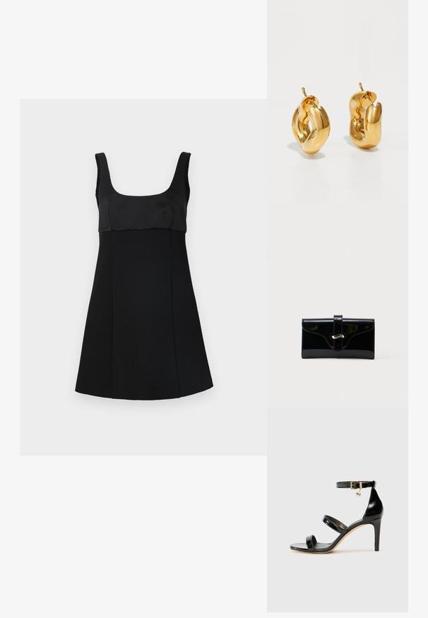 Vestido negro con escote cuadrado, que presenta un corsé ajustado y una silueta en A. Hecho de una tela suave, con un diseño elegante y minimalista.; Sandalia de charol negro con tres correas, hebilla en el tobillo y tacón de aguja de 10 cm. Presenta detalles de hardware en oro y un charm con el logo.; Cartera rectangular negra y brillante con una correa frontal y cierre de broche metálico plateado, colocada sobre un fondo blanco liso.; Pendientes de aro grueso en oro con un diseño tubular ligeramente retorcido y cierre de presión, sobre un fondo blanco.