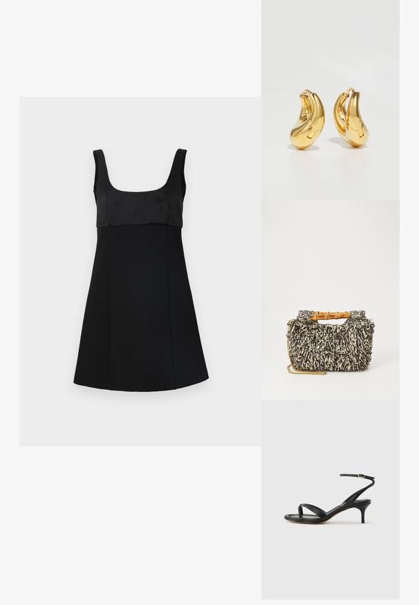 Vestido negro con escote cuadrado, que presenta un corsé ajustado y una silueta en A. Hecho de una tela suave, con un diseño elegante y minimalista.; Sandalia negra de cuero para mujer con tiras finas, un lazo para el dedo del pie, hebilla en el tobillo y tacón de aguja de altura media sobre un fondo neutro.; Bolso tejido con un patrón texturizado en negro y crema, asa de bambú y una correa de cadena dorada removible. Forma rectangular compacta.; Pendientes de aro de oro con forma curva y suave, y acabado pulido. Presentan un mecanismo de cierre y ligeras indentaciones para un toque de detalle.