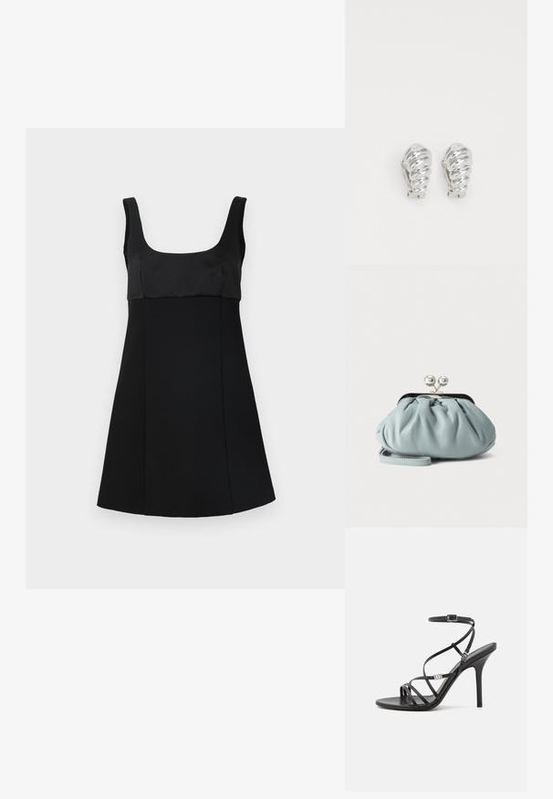 Robe noire avec un décolleté carré, dotée d'un corsage ajusté et d'une silhouette évasée. Fabriquée en tissu lisse, avec un design épuré et minimaliste.; Sandale noire à talons hauts avec des brides fines, une boucle à la cheville, une surface en cuir lisse et un talon aiguille élancé.; Petit porte-monnaie en cuir bleu clair avec fermoir métallique argenté de type kiss-lock et court bracelet de poignet sur fond uni.; Boucles d'oreilles en clip argentées avec un design en spirale, présentant une texture métallique lisse et des formes arrondies. Pas d'embellissements ou de motifs visibles.