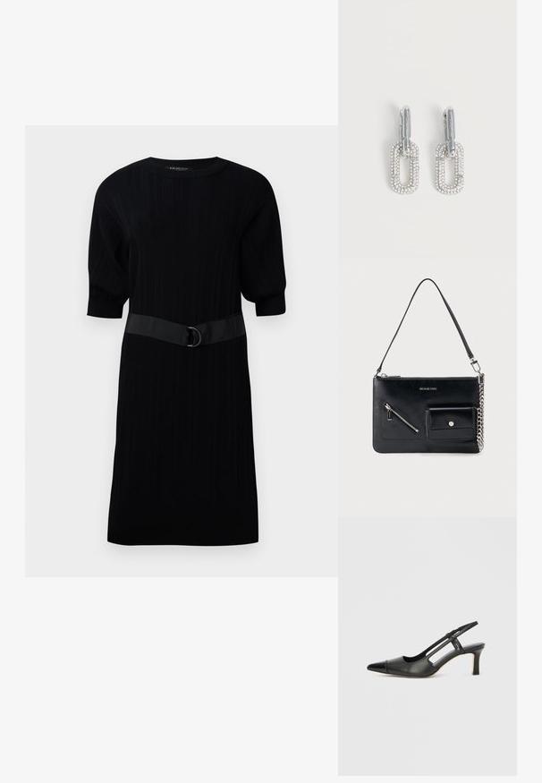 Vestido de punto negro con manga corta abullonada y un cinturón negro contrastante con un detalle de anillo metálico en la cintura.; Zapato slingback de cuero negro con punta afilada, con un acento brillante en la puntera y un tacón de altura media. Diseño con lateral abierto.; Bolso de hombro de cuero negro de Michael Kors con cremallera superior, bolsillo diagonal en la parte frontal con cremallera, bolsillo con solapa y botón a presión, y detalle de cadena plateada.; Pendientes colgantes de tono plateado con diseño rectangular enlazado cubierto de pequeños cristales brillantes sobre un fondo blanco.