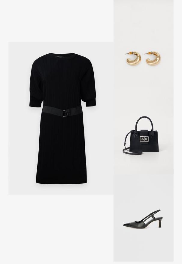 Schwarzes geripptes Strickkleid mit kurzen Puffärmeln und einem kontrastierenden schwarzen Gürtel mit einem Metallschmuckdetail in der Taille.; Schwarzer Slingback-Schuh aus Leder mit spitz zulaufender Zehenpartie, versehen mit glänzendem Akzent auf der Vorderkappe und mittelhohem Absatz. Offenes Seitendesign.; Schwarze Lederhandtasche mit strukturiertem Design, oberen Griffen und einem abnehmbaren Schulterriemen. Sie verfügt über eine silberfarbene Logo-Plakette und eine glatte Textur.; Zwei glänzende goldene Creolen in einem geschwungenen Design mit orangefarbenen Akzenten nahe dem Stecker, vor einem schlichten weißen Hintergrund.