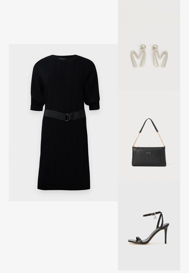 Schwarzes geripptes Strickkleid mit kurzen Puffärmeln und einem kontrastierenden schwarzen Gürtel mit einem Metallschmuckdetail in der Taille.; Schwarze High-Heel-Sandale mit schmalem Knöchelriemen, quadratischer Zehenbox, glattem Leder und metallischem Schnallenakzent.; Schwarze Ledertasche mit einer Kieseloberfläche, goldener Kettenriemen und einer Fronttasche. Auf der Vorderseite befindet sich ein goldenes Logo.; Paar silberfarbene Metallohrringe in Form des kantigen Buchstabens M mit abgerundeten Stegen auf weißem Hintergrund.