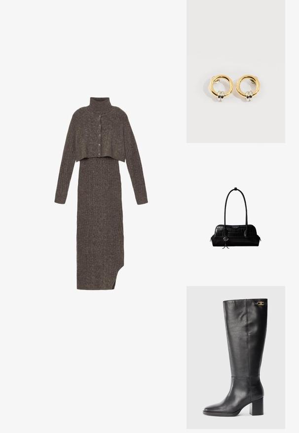 Robe en maille avec un col roulé et une couche supérieure courte de couleur gris foncé. Présente une texture côtelée et une fermeture à boutons sur le devant. Ourlet asymétrique.; Botte en cuir noir, arrivant au genou, avec un talon bloc, un bout pointu et un accent en métal doré près du haut. Texture lisse avec un minimum de coutures.; Sac à épaule en cuir noir à texture crocodile, avec de longues sangles et un petit charm logo argenté sur une sangle.; Boucles d'oreilles circulaires en or avec deux petites bagues en argent sur chacune, affichant des détails subtils du nom de la marque gravé, posées sur un fond blanc.