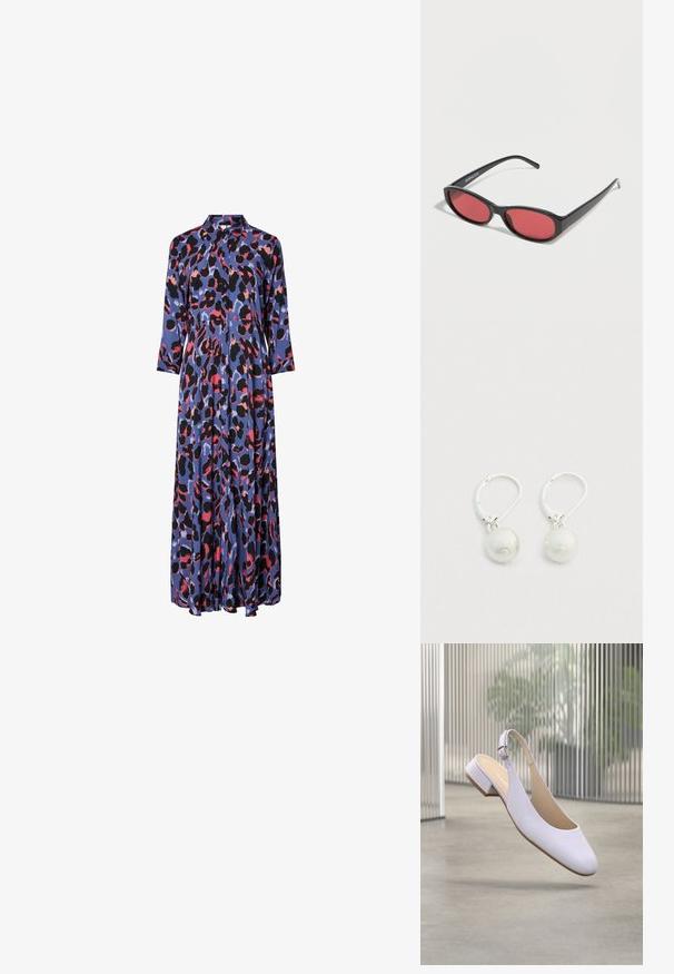 Maxime dress in silky fabric featuring a blue base with bold black and pink leopard patterns, a collared neckline, and long sleeves.; Valkoinen slingback-kenkä, jossa on matala lohkokorko, sileä nahkaa muistuttava pinta, pyöreä kärki ja säädettävä nilkkaremmi.; Musta, soikea aurinkolasit, ohuilla varsilla ja punertavilla linsseillä, lepää valkoisella pinnalla.; Hopeanväriset korvakorut, joissa on pyöreät, kiiltävät valkoiset helmet. Suunnittelussa korostuu sileä pinta ja yksinkertaiset pallomaiset muodot.