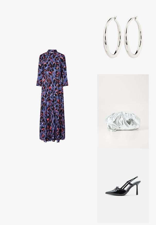 Maxime dress in silky fabric featuring a blue base with bold black and pink leopard patterns, a collared neckline, and long sleeves.; Musta kiiltävä patenttinen korkeakorkoinen slingback-kenkä, jossa on terävä kärki, ohut korko ja tuplahihnainen yksityiskohta jalkapöydän yläpuolella.; Metallinen hopeinen clutch-laukku, jossa on pehmeä, rypistynyt runko ja ohut olkahihna. Siinä on sileä, kiiltävä pinta ja pyöreä muoto.; Hopehopeet, joissa on sileä, heijastava pinta. Pyöreä, suuri muoto, jossa on turvallinen suljin ylhäällä. Kiillotettu pinta korostaa kiiltoa.